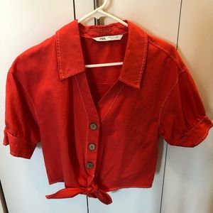 Zara cropped tie front blouse